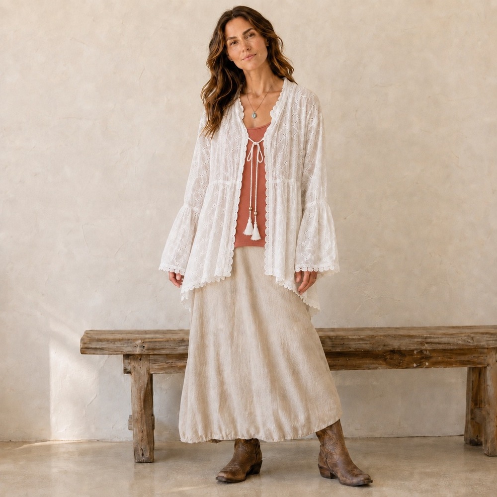 White Eyelet Tunic Dress M Bell Sleeve Coastal Cowgirl Boho Cottagecore